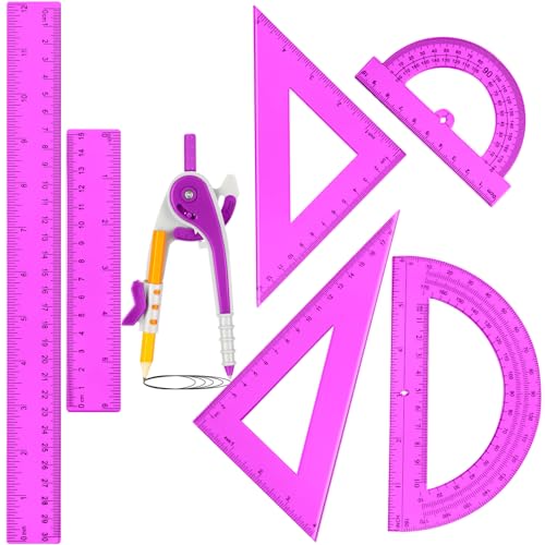 Zonon 1 Set Plastic Geometry Math Set 7 Pcs Includes 6'' / 4 '' Protractor, Drawing Compass, 45/60 Degree Triangle Rulers, 12'' / 6'' Math Ruler Transparent for Office Supplies(Purple) - color: Purple