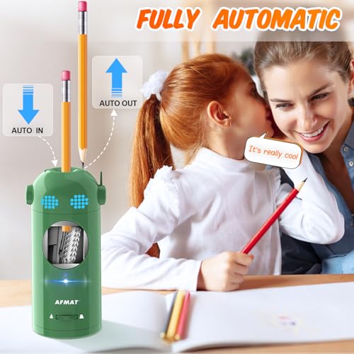 AFMAT Electric Pencil Sharpener, Fully Automatic Colored Pencil Sharpener for 7-11.5mm Pencils, Auto in &Out, Robot Pencil Sharpeners for Kids, Rechargeable Hands-Free with Dotted Eyes, PSX5ET, Green