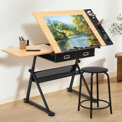 39‘’ Adjustable Drafting Table & Stool Set with Storage, Natural | Versatile Art Desk and Craft Center Home Study Room Artist Desk - color: Natural/Black