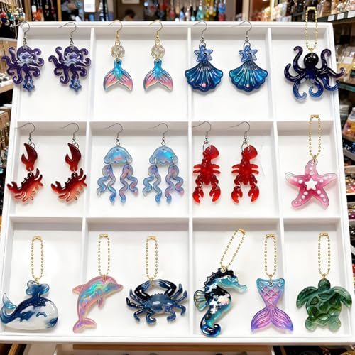 Resin Keychain Molds, Set of 4 Sea Life Key Chain Molds with Hole | Ocean Themed Keychain Silicone Mold for Pendant, Earring, Jewelry Epoxy Resin Casting, DIY Bag Decor, UV Resin Key Chain - color: 4 Pcs Ocean Resin Earring Molds