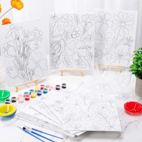 Sherr 96 Pcs 12 Sets Pre Drawn Canvas Kit for Painting Craft Sip and Paint Kit for Adults Pre Printed Canvas Painting Favor for DIY Birthday Gifts Adult's Date Party, 8 x 10 Inches(Flower) - style: Flower
