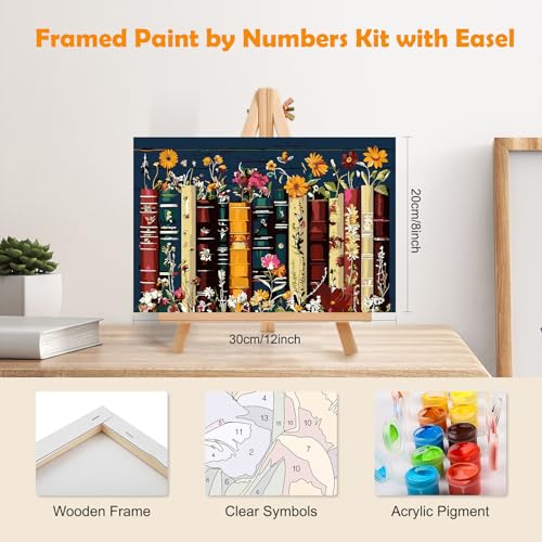 MOGTAA Book Paint by Numbers Kit for Adults Beginners with Frame, Flowers Landscape Adult Paint by Number Kits on Canvas with Easel, Easy DIY Oil Painting Kits for Home Decor, 8x12in - color: Book