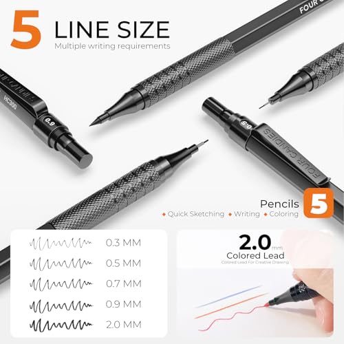 Four Candies Metal Mechanical Pencil Set, 4PCS 0.3, 0.5, 0.7, 0.9MM Mechanical Pencils & 2MM Drawing Pencil with 9 Tubes Lead Refills (4B 2B HB 2H Color) for Student Writing Artist Sketching - Black - color: Black, size: 0.3, 0.5, 0.7, 0.9, 2.0MM