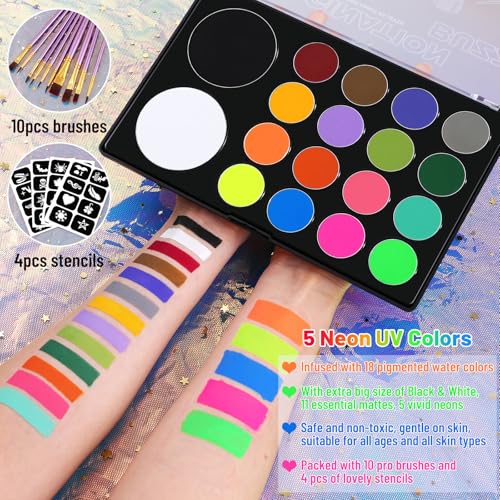 UCANBE Face Painting Kit for Kids & Adults -18 Colors Non-Toxic Water Based Face Body Paint Palette with Paint Brushes&Stencils, Professional Facepaint Set for Halloween SFX Makeup, Cosplay & Costume - color: Painting Palette Set