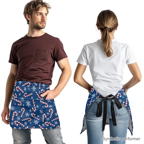 Waist Apron with 3 Pockets Waterproof 13 Inch Short Half Waist Aprons Women Men Server Aprons Waitress Waiter Apron - color: Candy Cane Snowflakes