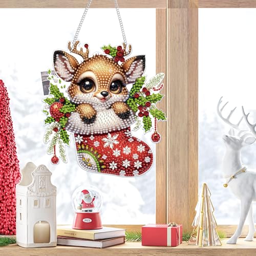 Bowetile Christmas Diamond Art Hanging Kits for Adults, 5D Special Shape Diamond Painting Kits Deer, Crystal Gem Painting Arts and Crafts for Christmas Gifts for Home Garden Decor - color: Deer