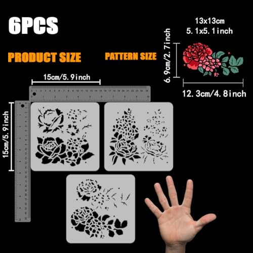FINGERINSPIRE 3 Pcs Layered Flower Painting Stencil 5.9x5.9inch Reusable Rose Flower Pattern Drawing Template DIY Peony Floral Plants Decoration Stencil for Painting on Wood Wall Fabric Furniture - color: 3 Pcs Layered Flower