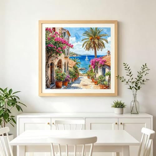 Accompany Wind Seaside Scenery Diamond Art Kits for Adults,5D Landscape Diamond Painting Kits for Beginners,DIY Round Full Drill Diamonds Gem Art Crafts for Home Wall Decor Gifts 14x14 Inch - color: Seaside scenery