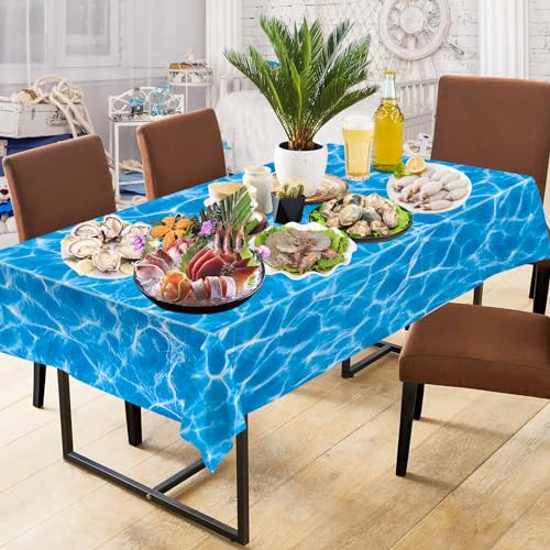 3 Pieces Ocean Tablecloth - Under The Sea Ocean Waves Table Cloths, Plastic Rectangle Blue Water Print Table Cover for Beach Pool Birthday Party Decorations Tables Decor Supplies Favors, 108 x 54 Inch - color: Blue-3 Pcs