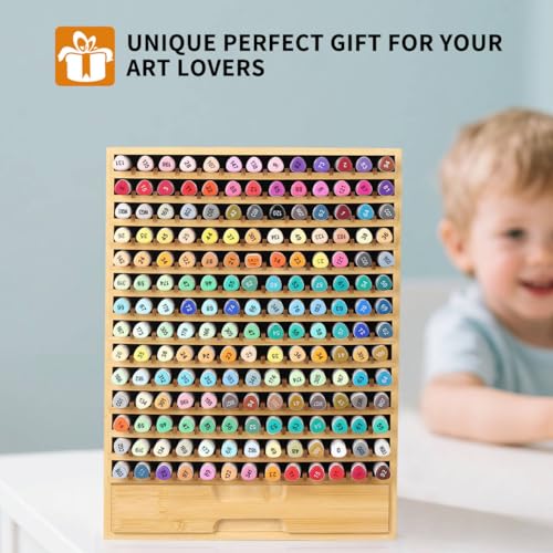 AUTOARK Natural Bamboo Marker Organizer with Drawer, AHK-065 | 182 Slots - size: 182 Markers