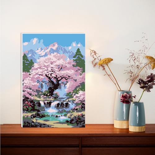 Lxmsja Cherry Blossom Tree Paint by Numbers Kit for Adults, Mountains Waterfalls Acrylic Paint by Numbers for Adults Beginner, DIY Craft Supplies Oil Painting Kits for Wall Decor 8x12 inch (Framed) - color: pink#116