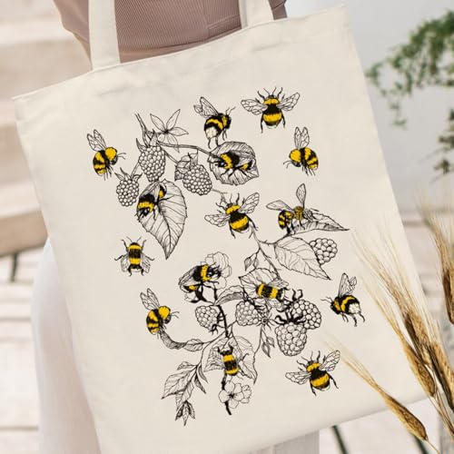Canvas Aesthetic Tote Bag for Women with Inner Pocket Totes Shoulder Book Bag Shopping Reusable Grocery Bags - color: Bee Tote Bag