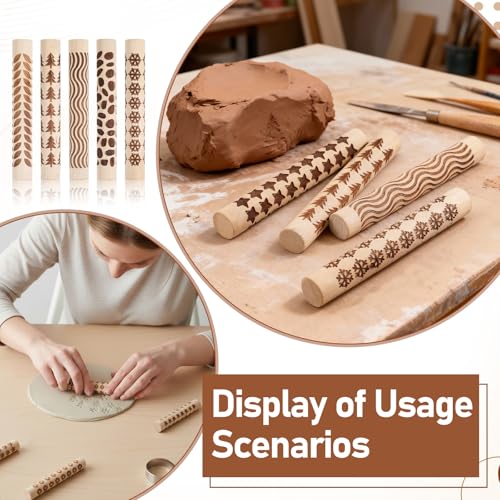 10 Styles Clay Texture Roller Bulk 4.3 X 0.6" 3D-Printed Clay Pottery Tools | Wooden Pottery Stamp Natural Color Handmade Potterys Tools and Supplies for DIY Handicrafts