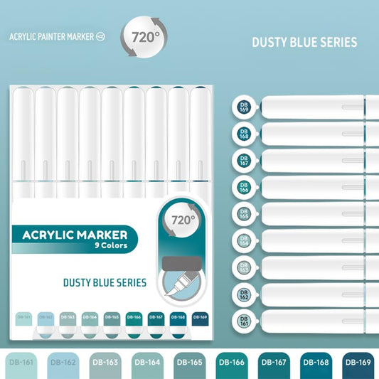 Water Based Acrylic Paint Markers Blue, 9 Colors Paint Pen Set | Misty Rain Blue Series, Soft Brush Tip, Smooth Writing, Marker Pen for Rock Painting, Egg, Wood, Glass, Mugs, Black Paper - color: Blue Series-2