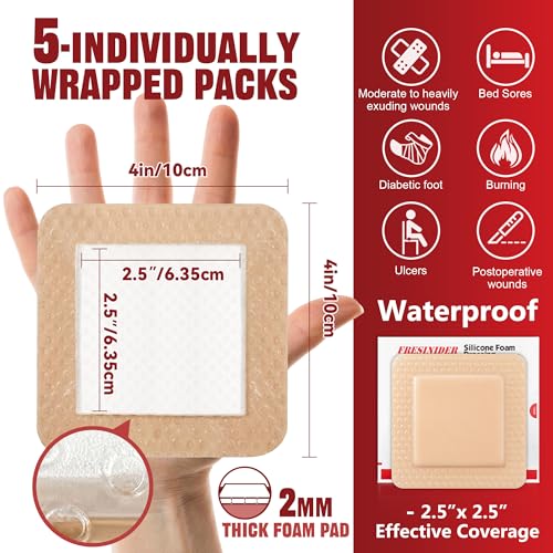 FRESINIDER Silicone Foam Dressing with Adhesive Border – Wound Dressing Bandage – Silicone Foam Pad – Pack of 5 – 4 x 4 Inches Large Waterproof Bandages – Self Adhesive Wound Care and Dressings - size: 4" x 4", 5pack