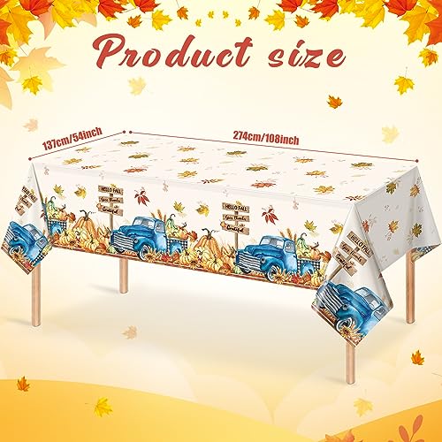 3 Pack Fall Tablecloth for Rectangle Tables, Disposable Pumpkin Thanksgiving Table Cover, Maple Leaf Truck Fall Farmhouse Plastic Table Cloth for Autumn Thanksgiving Harvest Party Decorations