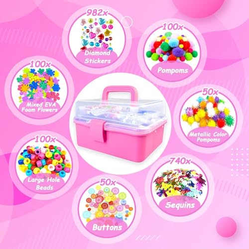 3000 Arts and Crafts Supplies for Kids Craft Kit All in 3 Layered Craft Box with Pipe Cleaners Crafts for Kids Age 4-6, 6-8, 8-12 DIY School Supplies Materials Set Toys Gifts for Girls Boys, Red - color: red