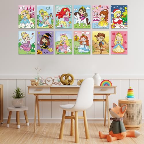 Anseal 12 Packs Princess Pre Drawn Canvas to Paint, 5" X 7" Pre Printed Canvas for Kids Outline Painting Boards for Beginners, Students, Party Favor - color: Princess