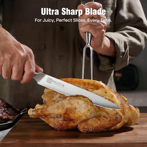 PAUDIN Carving Knife Set, 8 inch German High Carbon Stainless Steel Meat Slicing Knife with 7 inch Turkey Fork, Ergonomic Full Tang G10 Handle, Dishwasher Safe,BBQ Brisket Slicer,Cooking Gifts for Men - color: Carving Knife and Fork Set - 8 inch