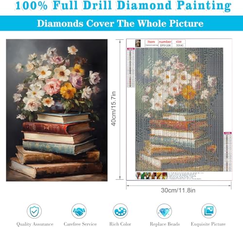 RYMILIE Diamond Art Kits for Adults Vintage Flowers and Books 12x16inch | 5D Stress Relief Diamond Painting Kit for Beginners, DIY Full Square Gem Art Crafts for Home Wall Decor Gift - color: DP01206