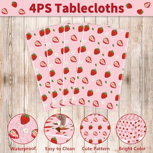 4 Pack Pink Strawberry Tablecloth Strawberry Table Clothes Berry Tablecloth Berry Table Covers Fruit Birthday Party Table Cover for Summer Beach Pool Party Supply 51 x 86 Inch