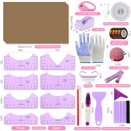 XEUZK Sublimation Shirts Tool Kits With 8 T Shirt rulers, 3Pack Teflon Sheet for Heat Press 12*16in, Heat Resistant Gloves & Silicone Bumps, 2 Rolls Heat Resistant Tape & Sublimation pencil (Violet) - color: Violet