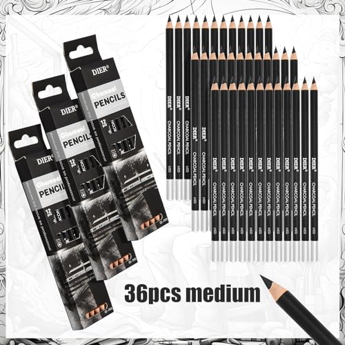 Geyoga 36 Pcs Professional Charcoal Pencils Soft, Medium and Hard for Drawing Charcoal Pencils for Sketching Shading Drawing Blending Portrait(Black, Medium) - style: Medium