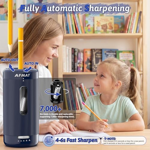 AFMAT Electric Pencil Sharpener, Auto in & Out, 5 Nibs, 7K+ Uses, Fully Automatic Classroom Pencil Sharpener, Rechargeable Hands-Free Sharpeners for Jumbo/Colored Pencils (φ6.5-12mm) PSC3(Dark Blue) - color: Dark Blue