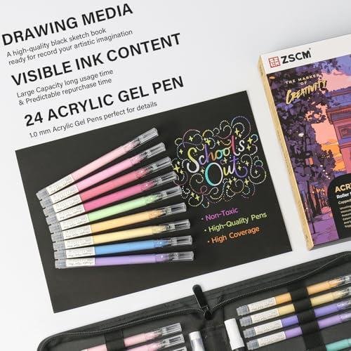 ZSCM 24 Colors 3D Acrylic Gel Pens & Black Paper Sketchbook for Drawing - color: 24 Packs-Dull