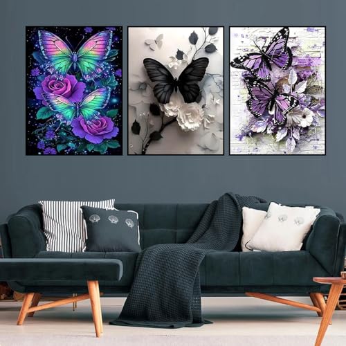 Xylogist 3 Packs Butterfly Diamond Art Kits for Adults 12x16 Inch | Butterflys Diamond Painting for Beginners, 5D DIY Full Drill Diamonds Gem Craft Art Home Wall Decor - color: 3 Packs Butterfly, size: 11.8 x 15.7 in