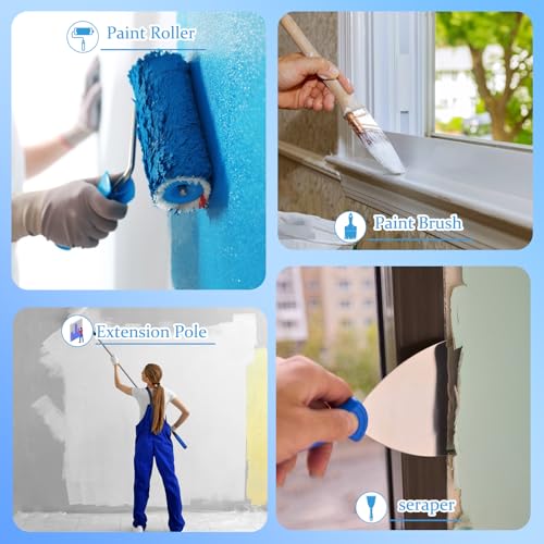 Paint Roller Kit with Extension Pole, 2-4FT Adjustable Pole, Professional 27-Piece Paint Kit, 4"9" Paint Rollers, Paint Brushes for Walls, Works with All Latex, Oil-Based Paints and Wood Finishes - color: Blue