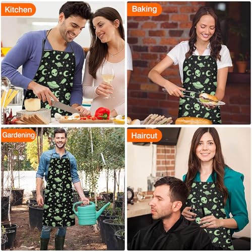 Apron with 2 Pockets,Kitchen Chef Artist Aprons for Cooking Gardening Baking Painting, Waterproof Apron 33" x 27" - color: Alien