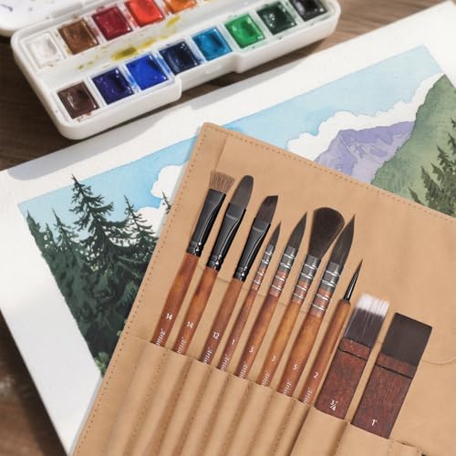 10 Pieces Paint Brush Set, Artist Series, Nylon Bristles with Round, Flat, Fan, Angle, Detail Brush, Suitable for Artists and Beginners for Acrylic Painting, Oil, Watercolor, Gouache(Brown)