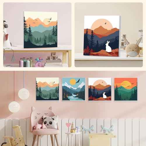 4 Pack Paint by Numbers for Adults with Wooden Framed, Nature Scenery, Sunset, Paint by Number Kits on Canvas for Beginner, DIY Acrylic Oil Painting Kits for Home Decor 8x8 inch, Mountain Landscape - color: blue-landscape
