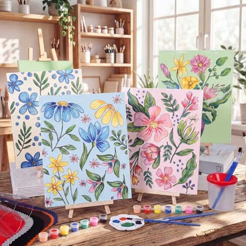 Sherr 285 Pcs 30 Sets Sip and Paint Kit for Adults,Floral | Pre Drawn Canvas to Paint for Adults, Acrylic Paints, Brushes, Easels, Date Night, Birthday Party Gifts - style: Colorful Flower