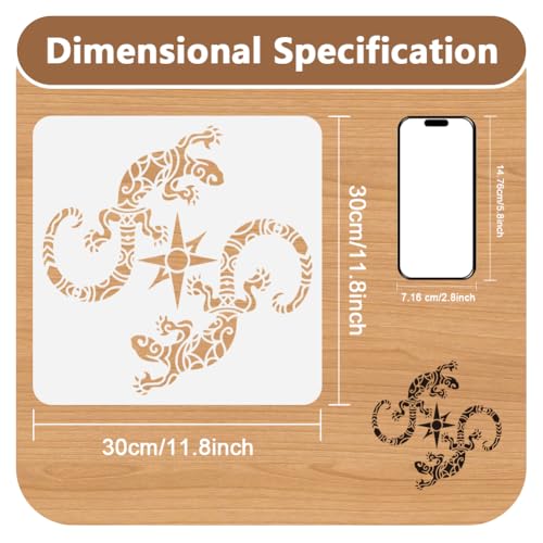 Aztec Lizards Wall Stencil 11.8x11.8 Inch Hollow Out Plastic Reusable Stencil for Painting on Wood, Floor, Wall and Fabric, Animal Theme Template for DIY Craft Painting - style: Lizards