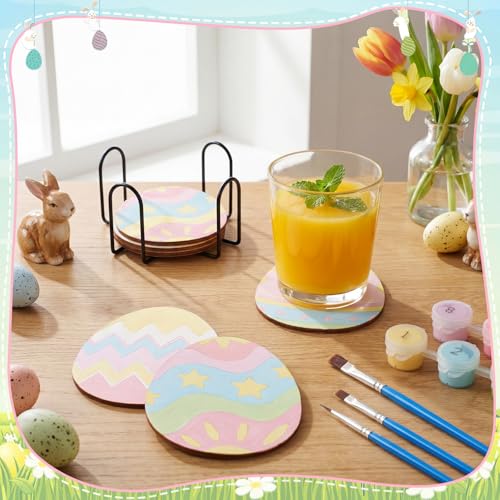 Reallnaive 8 Pcs Easter Eggs Paint by Numbers Kit for Adults Wooden Coaster | Mini Paint by Numbers, Tiny Cute Round Oil Painting Drink Coaster with Holder, for Small DIY Craft Birthday Gift - style: Easter Egg