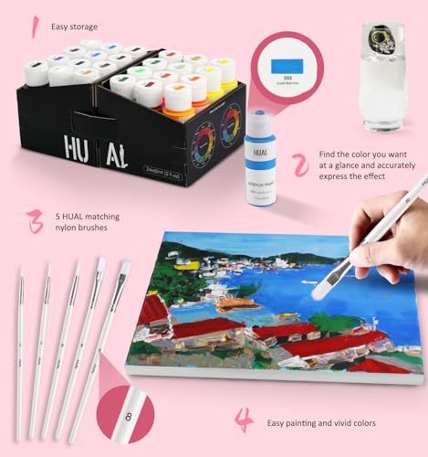 HUAL Acrylic Paint Set With 5 Brushes, 24 Colors (60ml, 2oz) for Artists Kids Beginners & Painters,Model/Canvas/Rock/Fabric/Glass/Stone/Ceramic/Wood Painting, Non Toxic - color: White Bottle