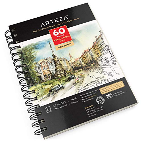 ARTEZA Mixed Media Sketchbook, 5.5 x 8.5 Inches, Pack of 1, 60 Sheets, Micro-Perforated Spiral-Bound Paper Pad for Wet and Dry Media - size: 5.5"x8.5" (Pack of 1)