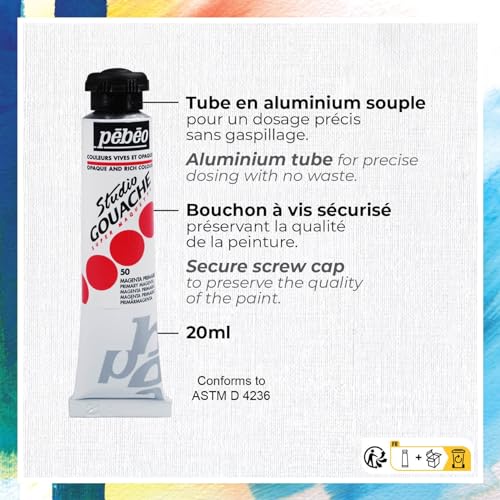 PEBEO Studio XL Gouache - Set of 24 Tubes 20 ml Assorted Colours + Accessories - Gouache Kit for Artist and Beginner - Brushes + Spatula + Canvas Cardboard - Bright and Bright Colours