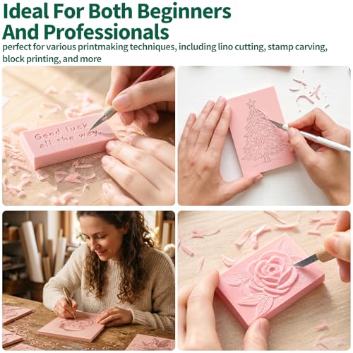 Yauhar 15Pcs 4" x 6" Linocut Carving Kit for Beginner, Pink Rubber Linoleum Printing Blocks, Hobby Crafting Kits Birthday Gift for Printmaking, Stamp Making, and DIY Art Projects