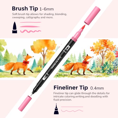 Markers for Adult Coloring Books No Bleeding, 60 Dual Tip Coloring Markers | Coloring Markers Suitable for Coloring Books, Note Taking, Hand Lettering Calligraphy, Drawing, Journaling, Sketching - color: Pink
