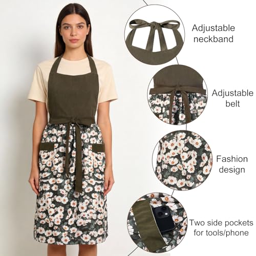 Cute Floral Apron for Women with Pockets, Cotton, Adjustable Straps - color: Olive Green