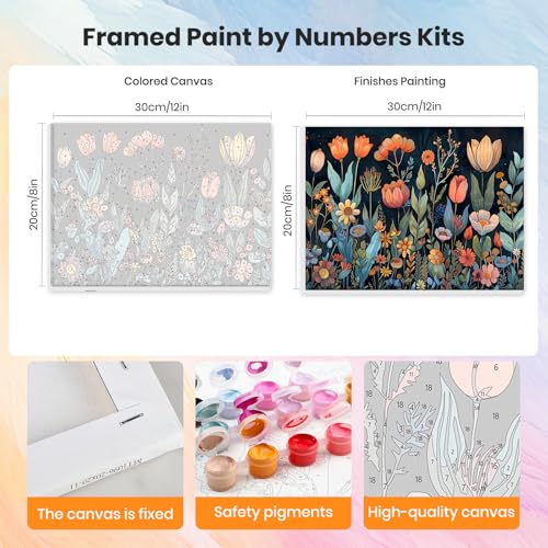 HEIBAGO Framed Paint by Numbers Kit Flowers for Adults, Paint by Numbers for Adults Beginner, Adult Paint by Number Kits on Canvas, DIY Painting by Numbers for Gift Home Wall Decor 12 x 8 Inch - color: Flowers-3