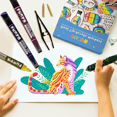 Funto Dual Tip Acrylic Paint Markers, Paint Pens for Rock Painting, Wood, Canvas, Ceramic, Fabric, 12 Colors, Quick Drying, Non-Toxic, Arts and Crafts - color: 12-2 Colors