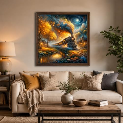 PINFFSHU 5D Diamond Painting Kits for Adults - Full Drill Fantasy Steam Train Autumn Forest, Starry Galaxy Night Sky Cozy Village, DIY Diamond Art Kit for Home Wall Decor Gift (13.78x13.78 inch) - color: DP-train