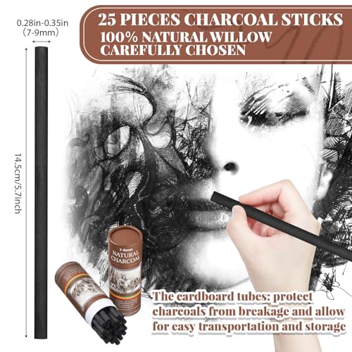 Gueevin 25 Pcs Soft Willow Charcoal Sticks Drawing,7-9mm | For Artists Beginners Students, Vine Charcoal Bulk for Sketching Shading Fine Art, Assorted Sizes, Back to School Gifts - size: 7-9mm