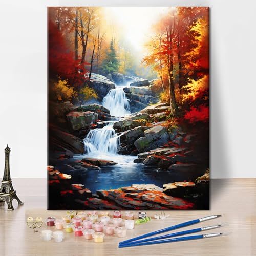 TUMOVO Adult Paint by Number Kits on Canvas Autumn Landscape Craft Kits | Forest Waterfall Color by Numbers for Adults Beginner, Acrylic Paints Included, 16x20 Inch