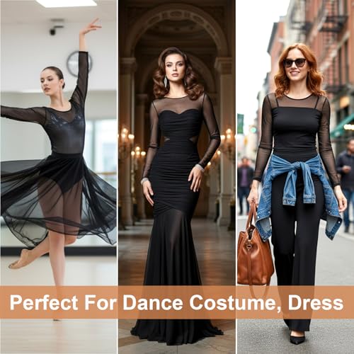 4-Way Stretch Mesh Fabric, Polyester Spandex Power Mesh, 63 inches by 1 Yard, Lightweight Fabric Sheer Meshes for Dancewear Activewear Sportswear Sewing Crafts(Black)