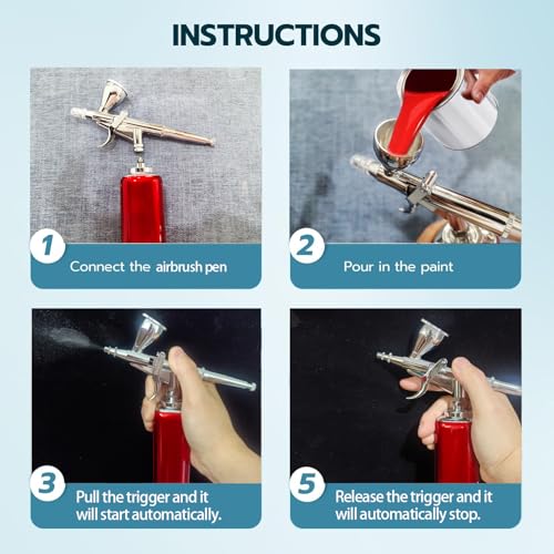 I-BEAUTEE Trigger Control for Startup Cordless Airbrush kit with Compressor,High Airflow Miniature Painting Tool, Temporary Tattoo, air Brush Pen for Model Hair Barber Enhancement, Nail Art,Cake | Double-action airbrush kit - color: red